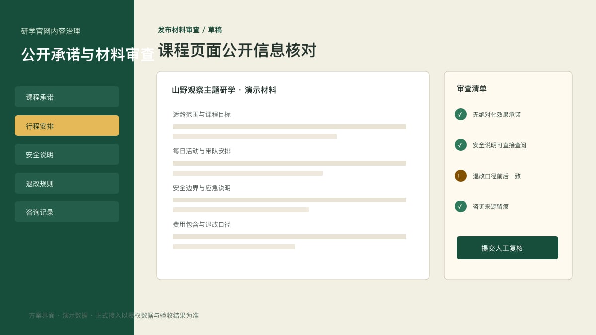 创作研学机构合规官网公开展示原型:课程承诺、活动安排与咨询留痕数据与状态界面