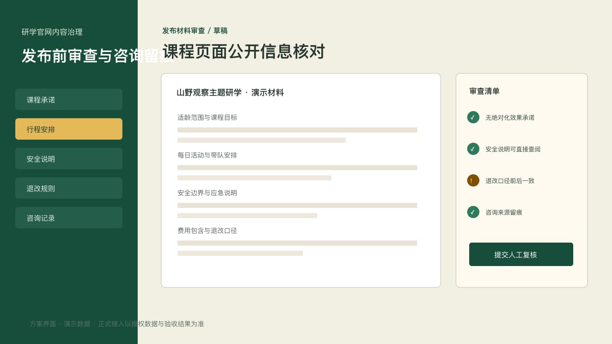 创作研学机构合规官网公开展示原型：课程承诺、活动安排与咨询留痕核心功能流程界面