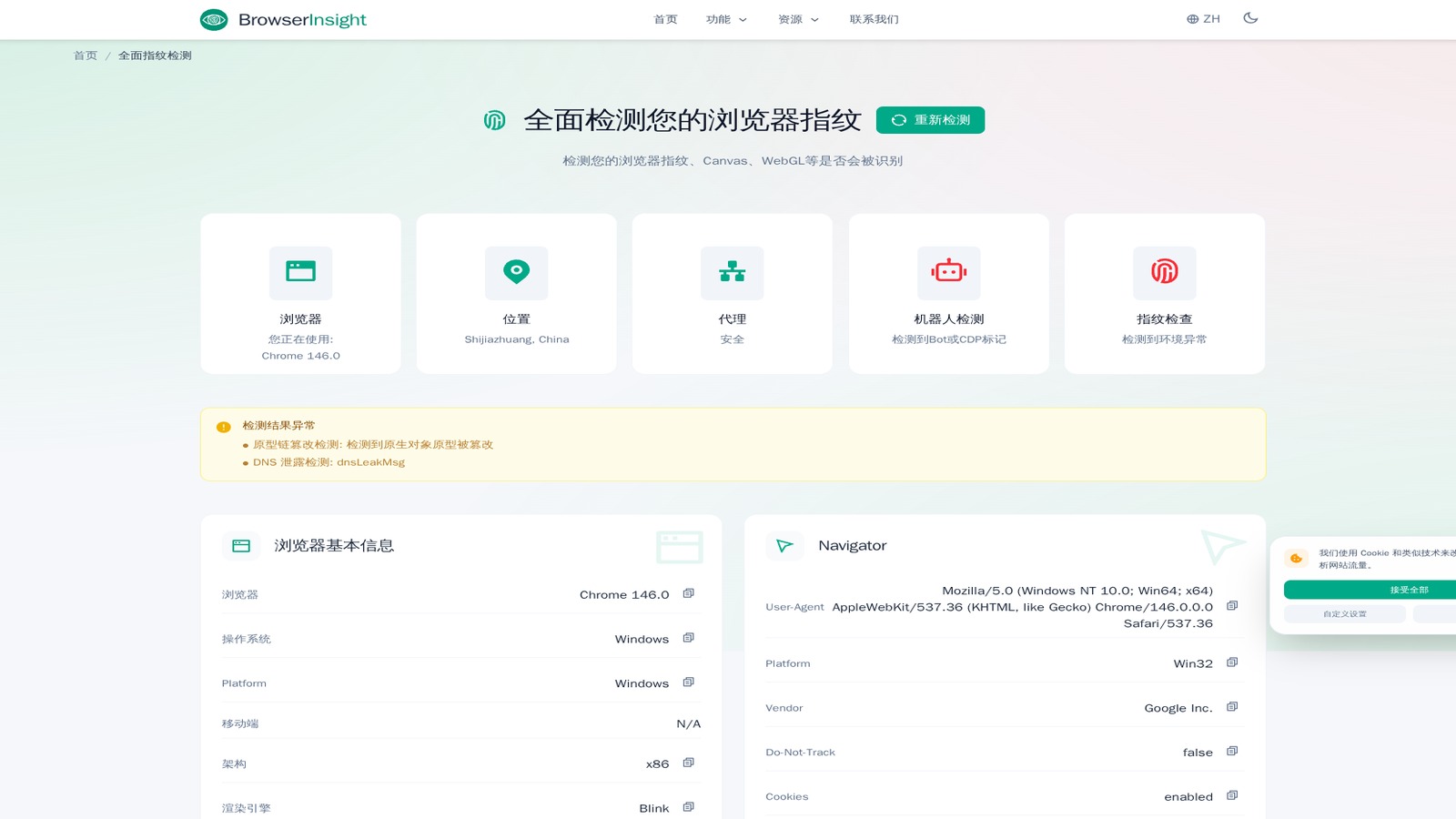 浏览器环境核验首页与核心检查项截图