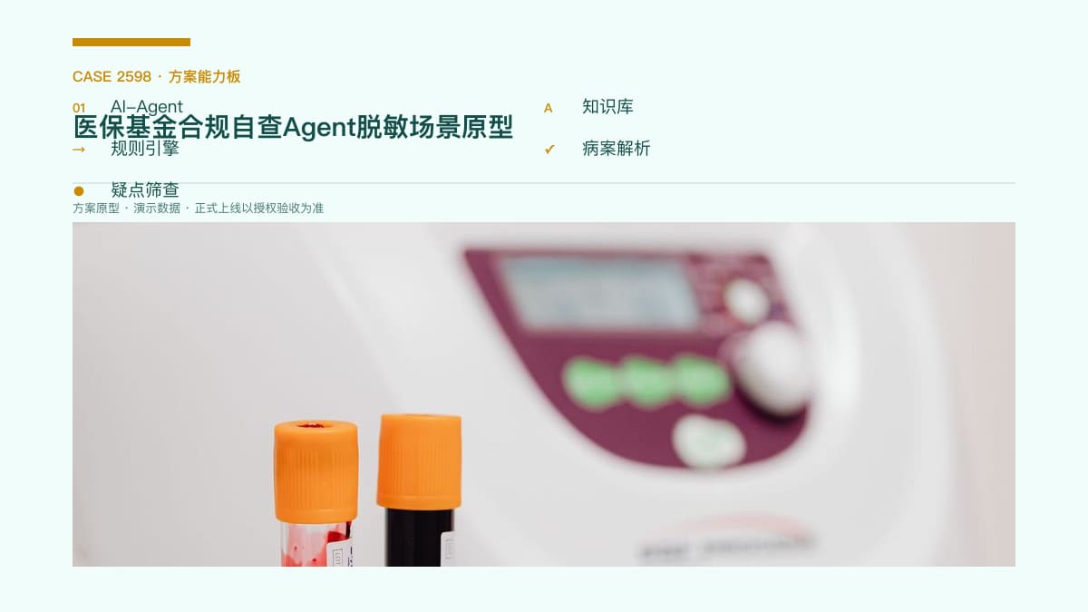 医保基金合规自查Agent脱敏场景原型：2026飞检15大领域、五年全覆盖之下，把病案自查、疑点筛查与整改留痕装进同一个合规助手方案能力板