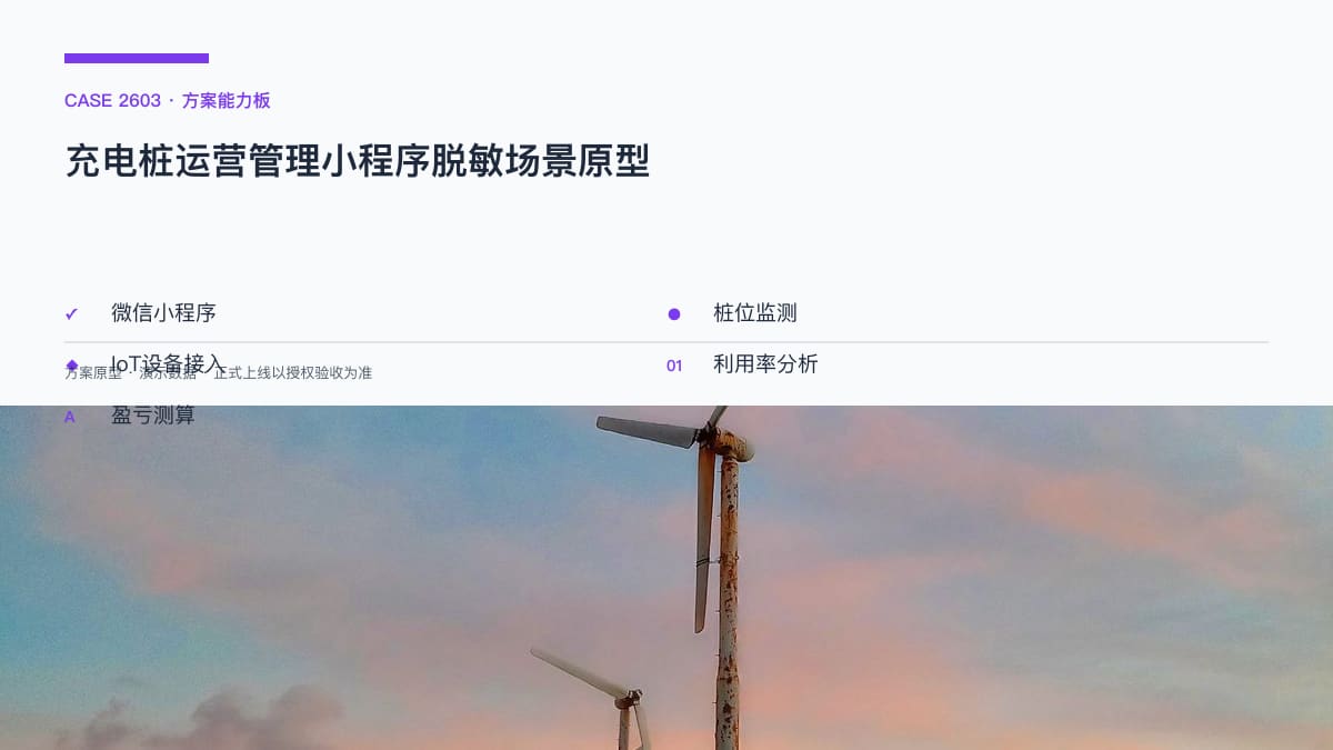 充电桩运营管理小程序脱敏场景原型：八成运营商亏损、每度电净利4分钱之下，把桩位监测、利用率预警与运维工单装进同一个工作台方案能力板