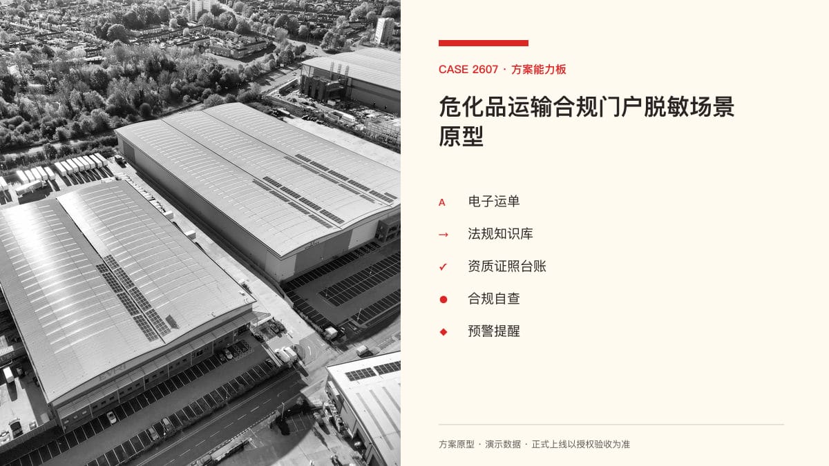 危化品运输合规门户脱敏场景原型：《危险化学品安全法》5月1日施行、10章127条之下，把电子运单、资质台账与法规库装进一个网站方案能力板