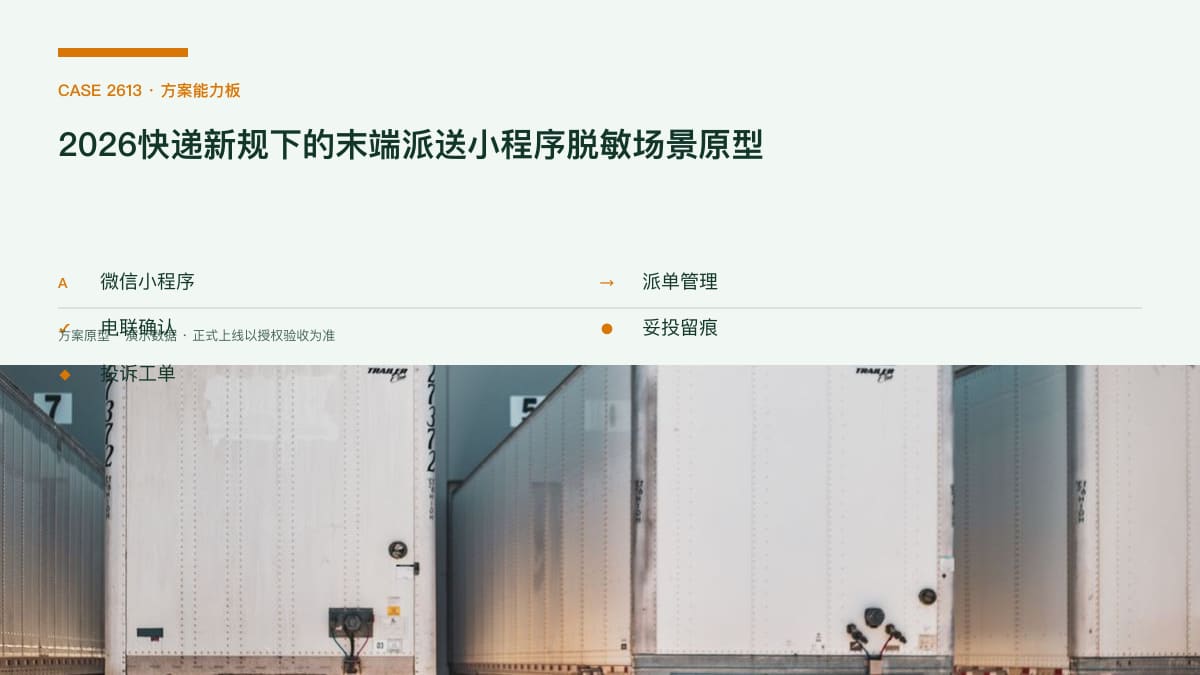 2026快递新规下的末端派送小程序脱敏场景原型：擅自放驿站最高罚3万、进村试点17省，把电联确认、妥投留痕与投诉响应装进同一个移动端方案能力板