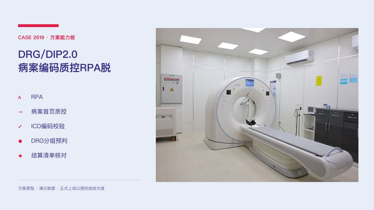 DRG/DIP 2.0 病案编码质控 RPA 脱敏场景原型：9520个核心病种、1849条不入组编码之下，把主诊断校验、编码补录与结算清单核对串成流水线方案能力板