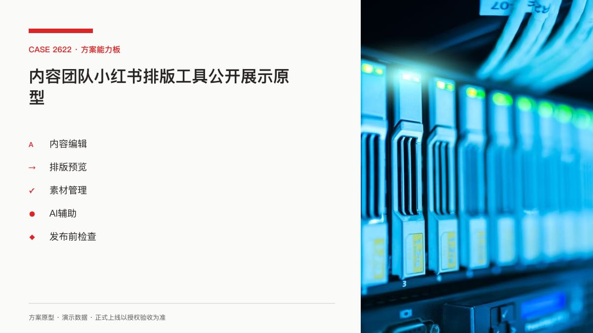 内容团队小红书排版工具公开展示原型：素材编辑、预览与发布前检查方案能力板