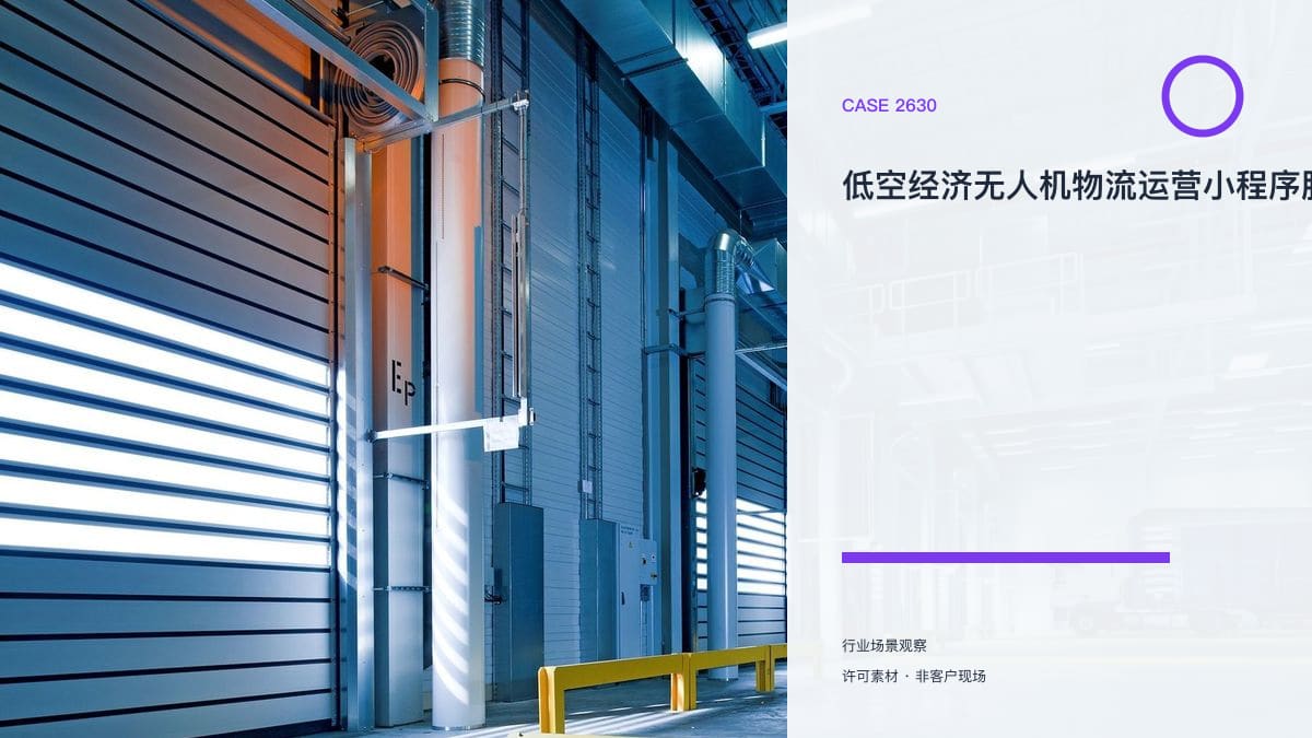 低空经济无人机物流运营小程序脱敏场景原型：2025年市场规模1.5万亿、无人机运营企业近2万家，2026年从试点飞行迈向常态运营，把航线申报、飞行任务与运营台账装进同一个移动端行业场景素材