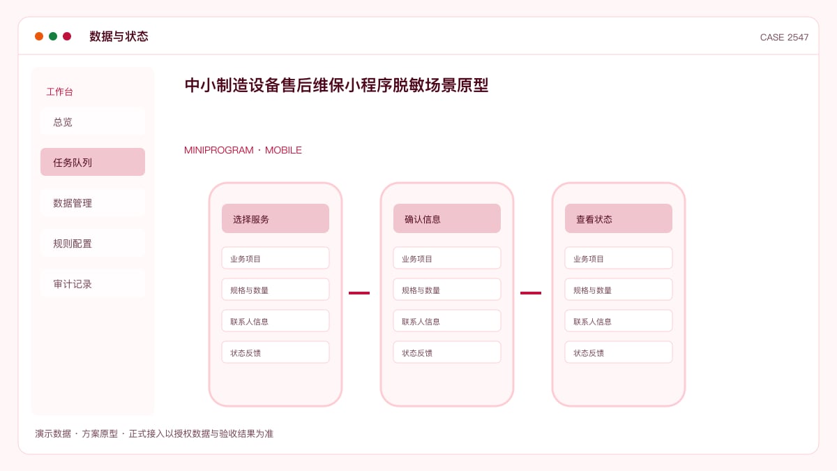 中小制造设备售后维保小程序脱敏场景原型：把报修、派单与备件管理装进手机里数据与状态界面